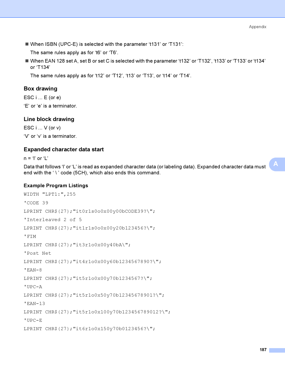 Box drawing, Line block drawing, Expanded character data start | Brother HL-4040CDN User Manual | Page 196 / 211