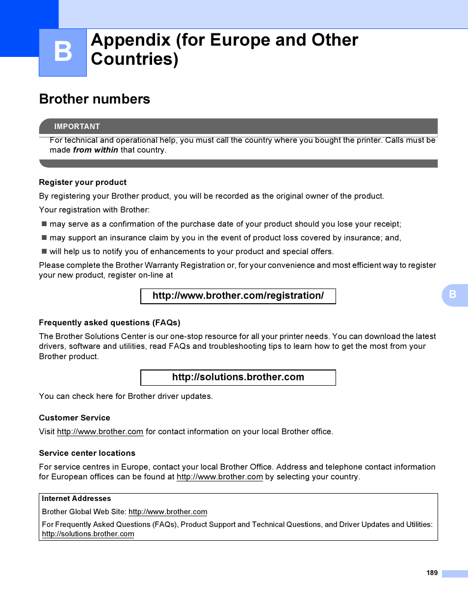Appendix b (for europe and other countries), Brother numbers, Appendix (for europe and other countries) | Brother HL-4040CDN User Manual | Page 198 / 211