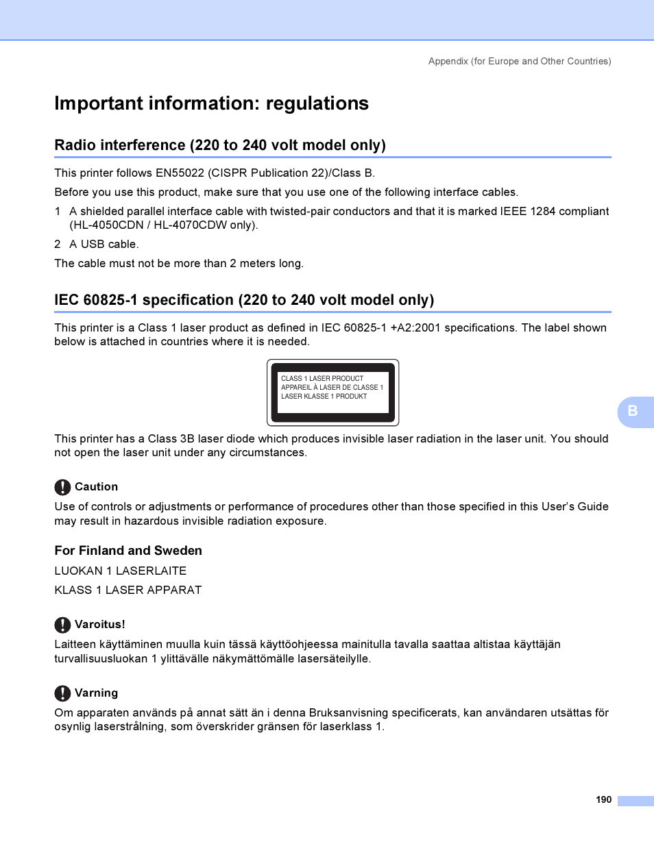 Important information: regulations, Radio interference (220 to 240 volt model only), For finland and sweden | Brother HL-4040CDN User Manual | Page 199 / 211