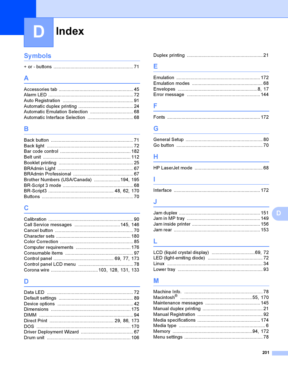 Index, Dsymbols | Brother HL-4040CDN User Manual | Page 210 / 211