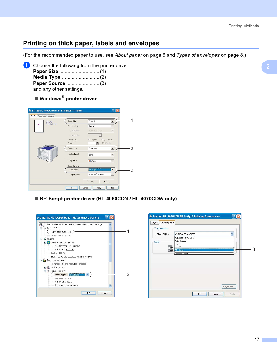 Printing on thick paper, labels and envelopes, 2printing on thick paper, labels and envelopes | Brother HL-4040CDN User Manual | Page 26 / 211