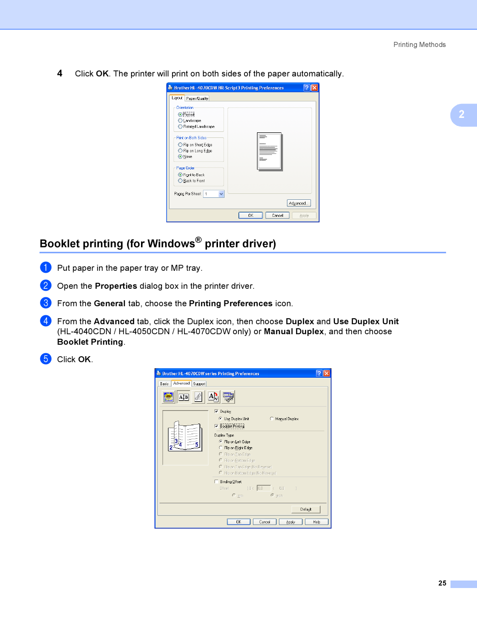 Booklet printing (for windows® printer driver), Booklet printing (for windows, Printer driver) | Brother HL-4040CDN User Manual | Page 34 / 211
