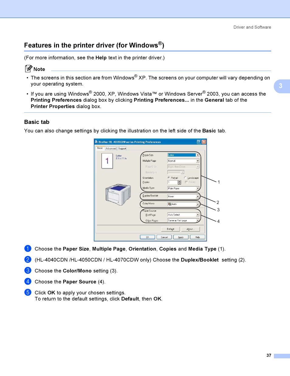 Features in the printer driver (for windows®), Basic tab, Features in the printer driver (for windows | 3features in the printer driver (for windows | Brother HL-4040CDN User Manual | Page 46 / 211