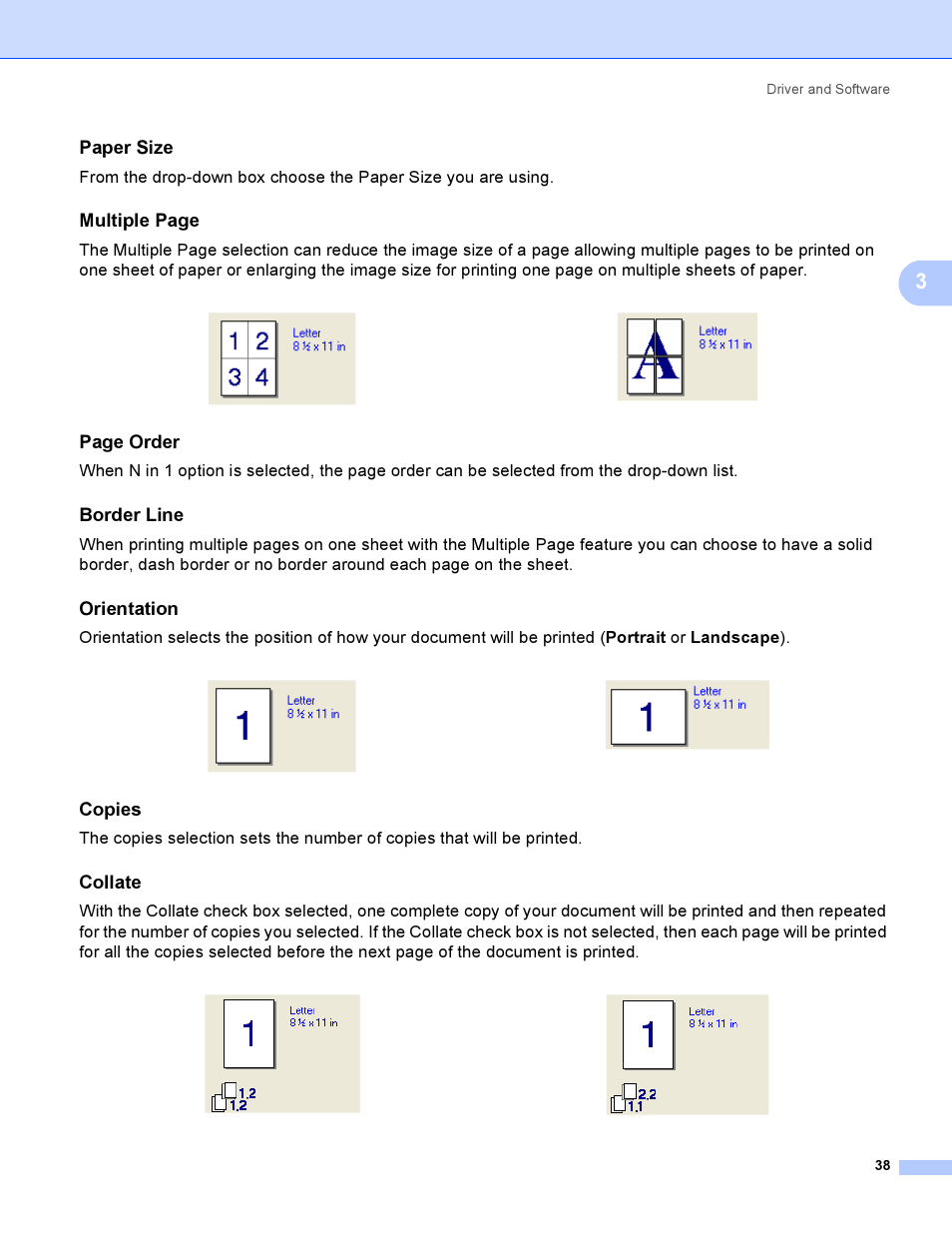 Paper size, Border line, Orientation | Copies, Collate, Multiple page, Page order | Brother HL-4040CDN User Manual | Page 47 / 211