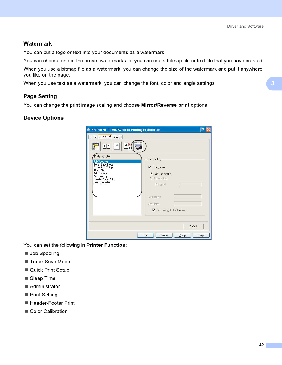 Watermark, Device options, Page setting | Brother HL-4040CDN User Manual | Page 51 / 211