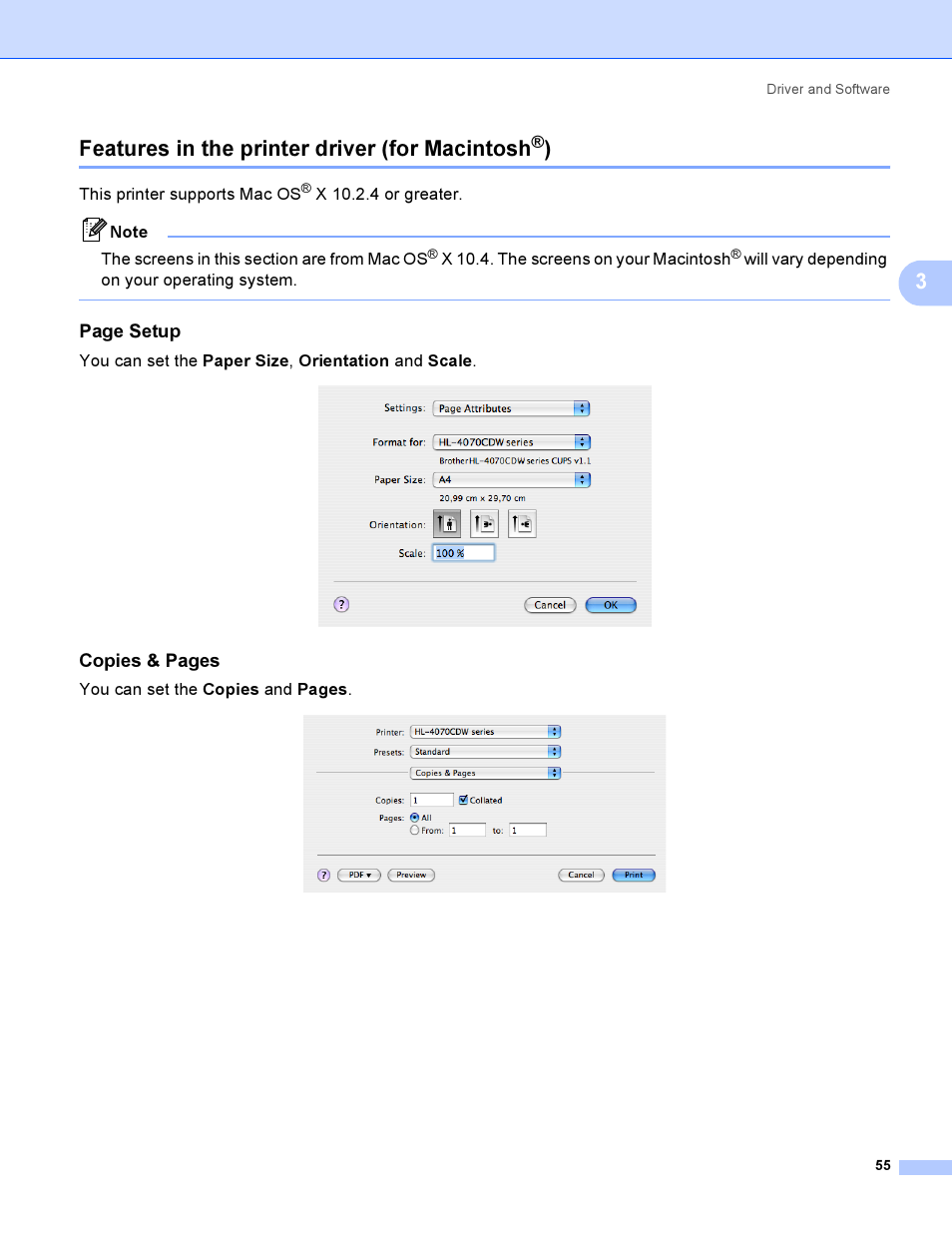 Features in the printer driver (for macintosh®), Features in the printer driver (for macintosh, 3features in the printer driver (for macintosh | Page setup, Copies & pages | Brother HL-4040CDN User Manual | Page 64 / 211