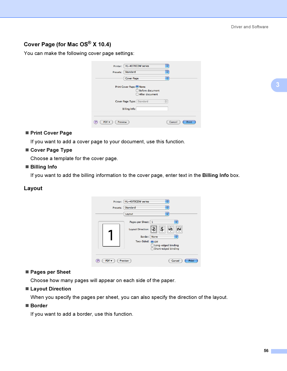 Layout, Cover page (for mac os, X 10.4) | Brother HL-4040CDN User Manual | Page 65 / 211