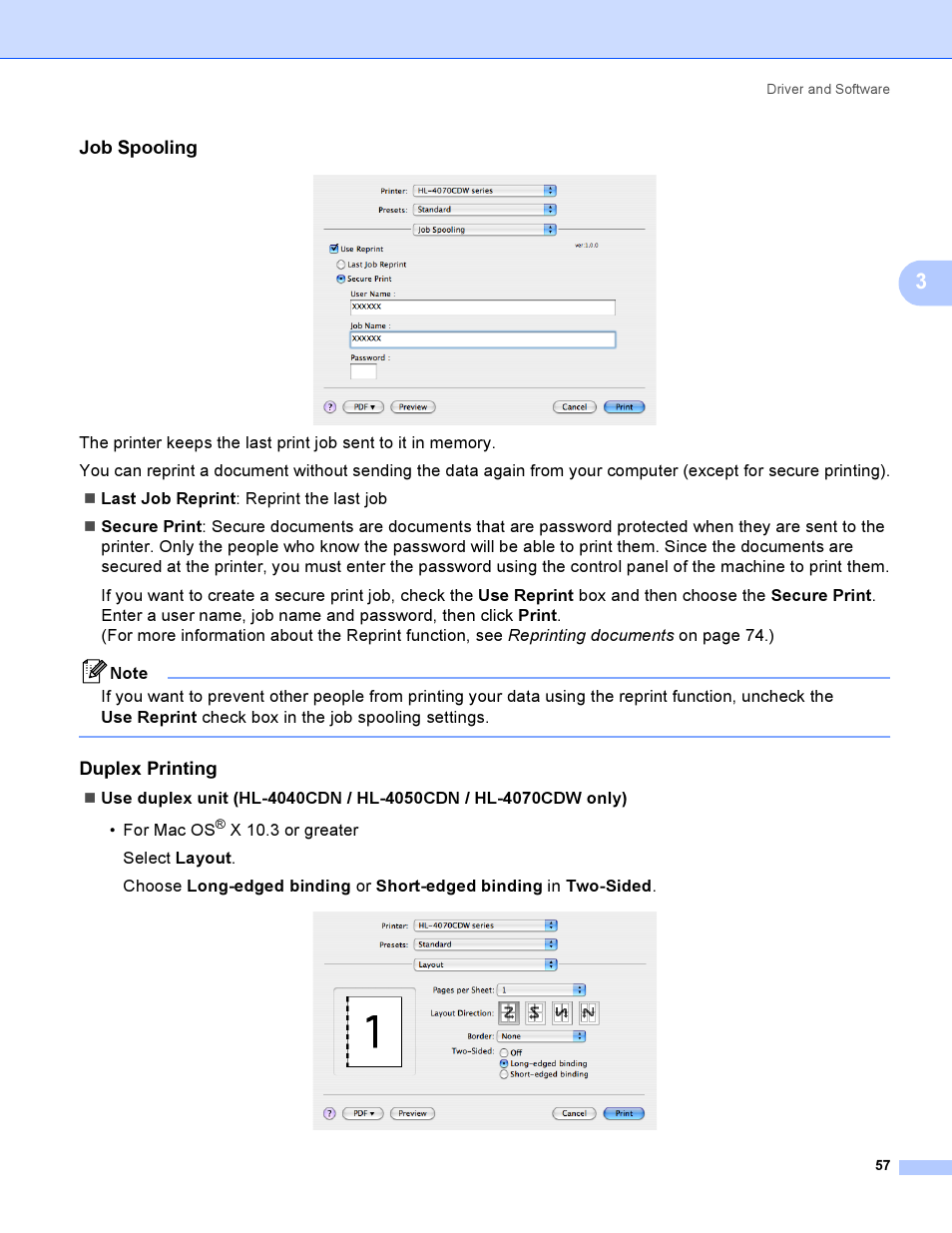Job spooling, Duplex printing | Brother HL-4040CDN User Manual | Page 66 / 211