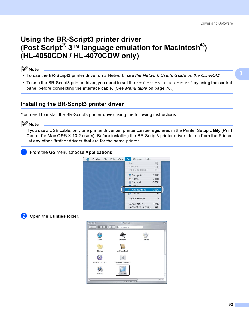 Installing the br-script3 printer driver, Using the br-script3 printer driver, Post script | Using the br-script3 printer driver (post script, 3™ language emulation for macintosh | Brother HL-4040CDN User Manual | Page 71 / 211