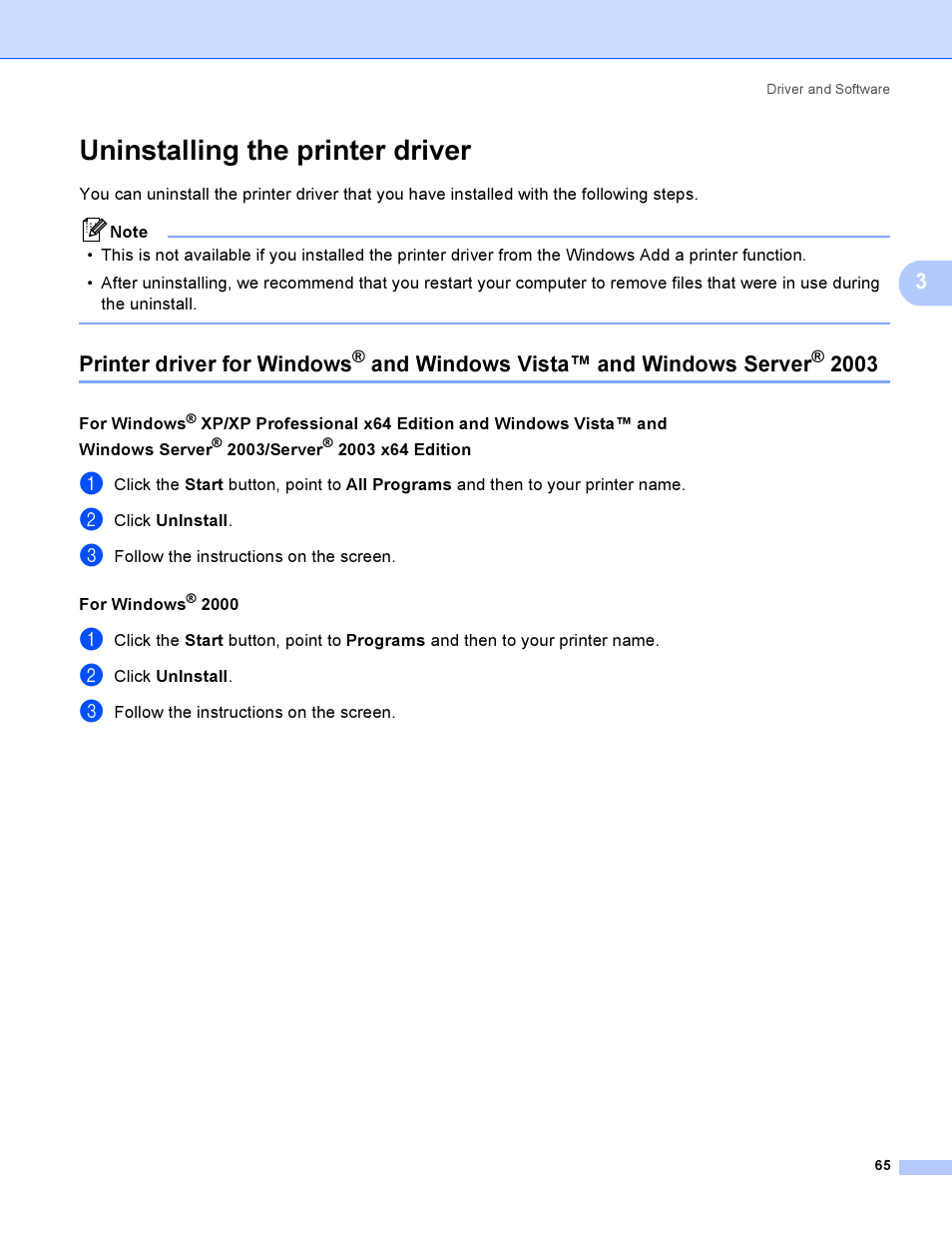 Uninstalling the printer driver, Printer driver for windows, And windows vista™ and windows server | Brother HL-4040CDN User Manual | Page 74 / 211