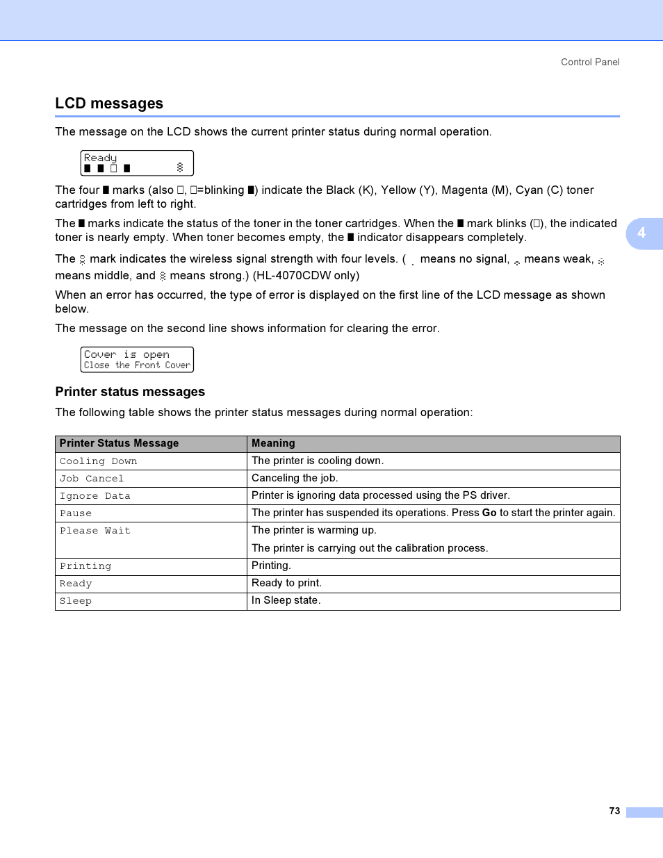 Lcd messages, Printer status messages, 4lcd messages | Brother HL-4040CDN User Manual | Page 82 / 211