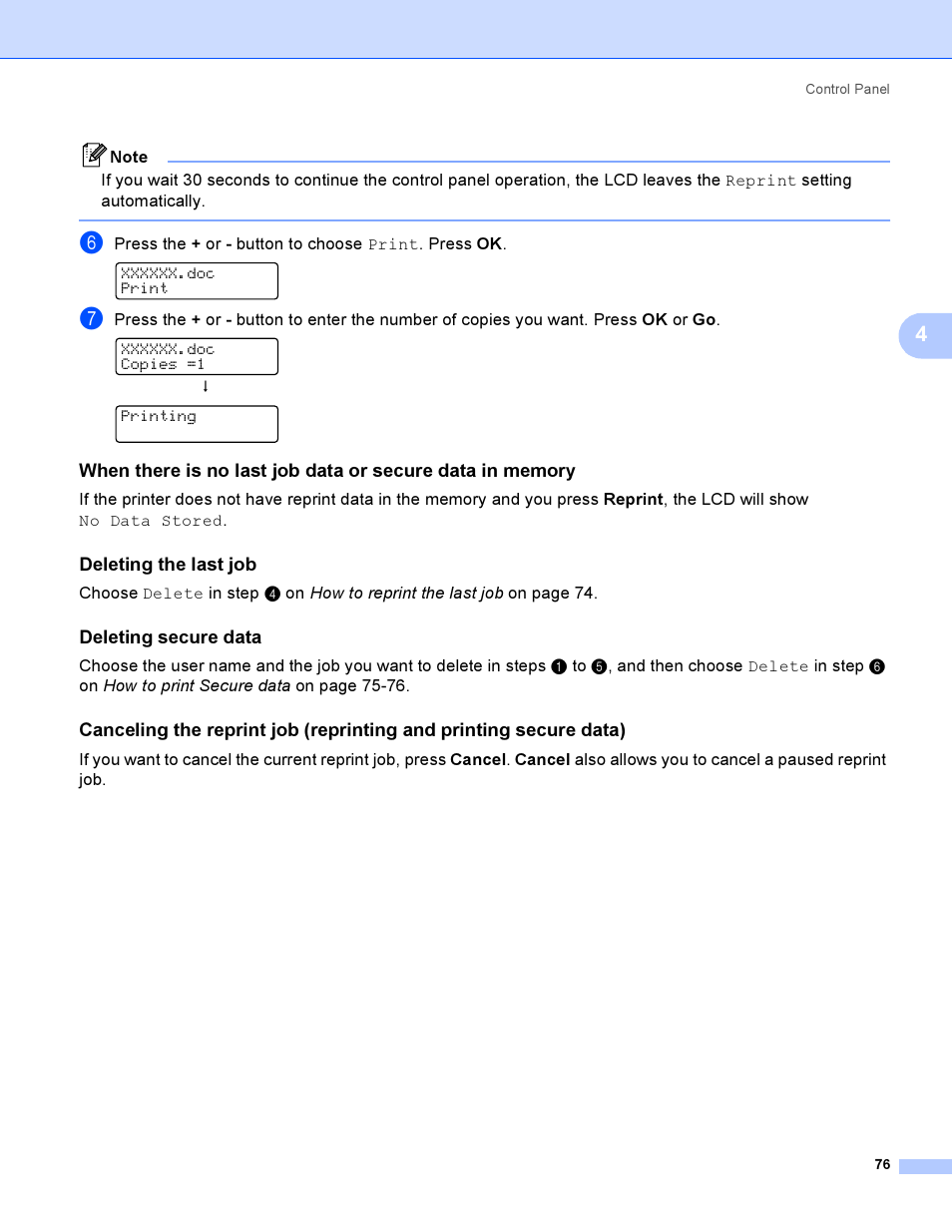 Deleting the last job, Deleting secure data | Brother HL-4040CDN User Manual | Page 85 / 211