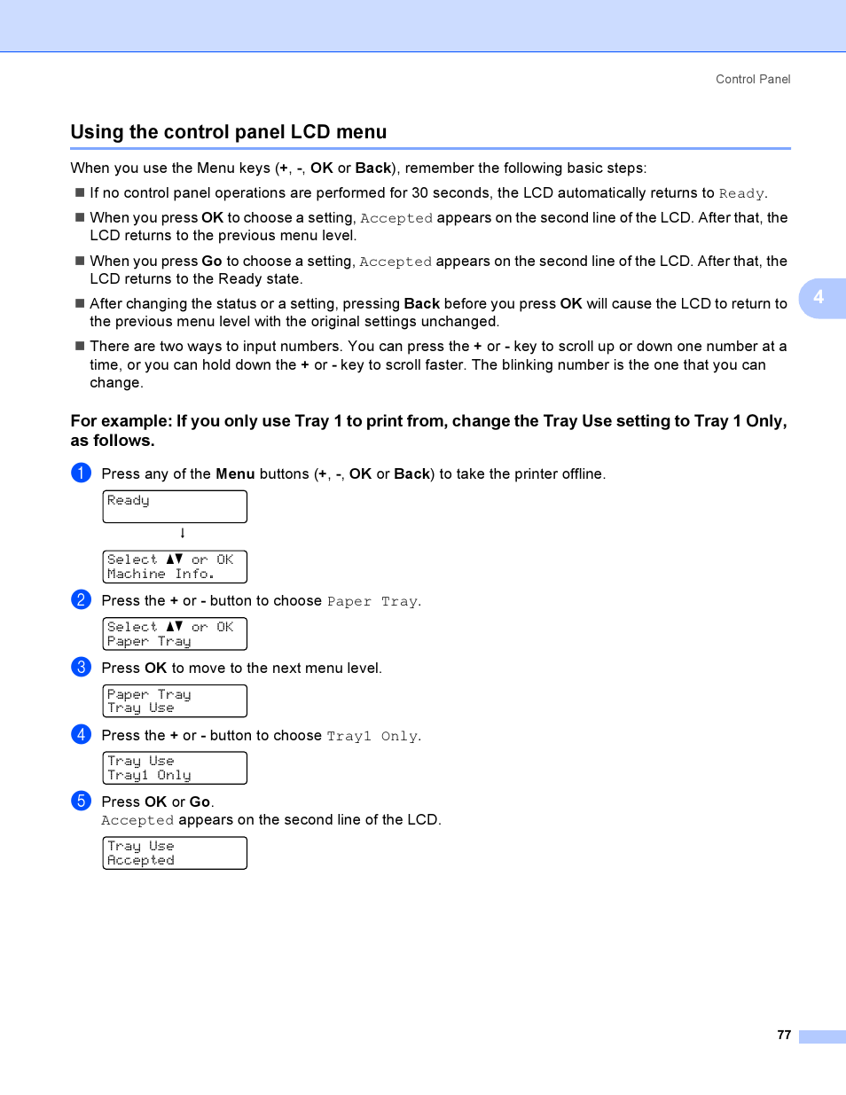 Using the control panel lcd menu, 4using the control panel lcd menu | Brother HL-4040CDN User Manual | Page 86 / 211