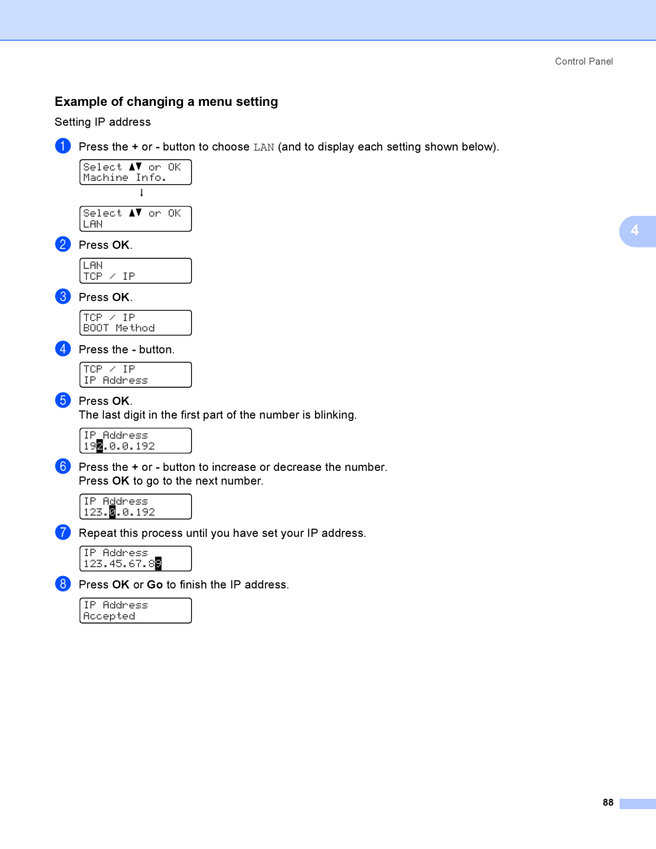 Example of changing a menu setting | Brother HL-4040CDN User Manual | Page 97 / 211