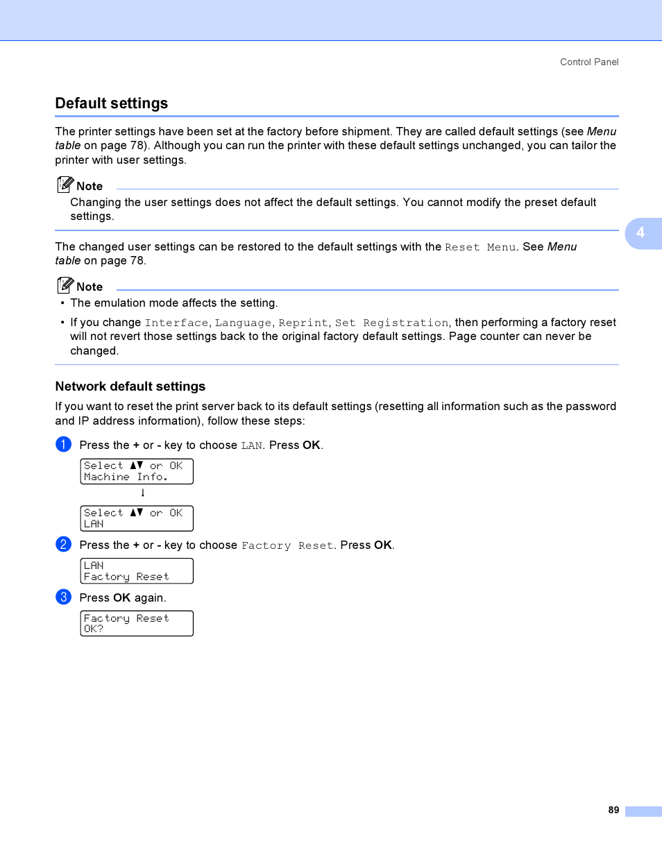 Default settings, Network default settings, 4default settings | Brother HL-4040CDN User Manual | Page 98 / 211