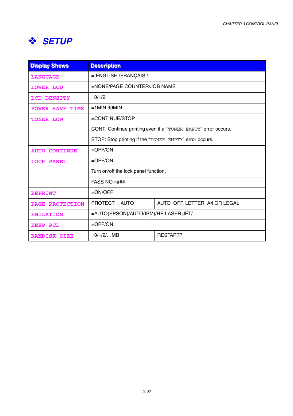 Setup, For m, Ore information, see 3-27 | Brother HL-2460 User Manual | Page 112 / 245