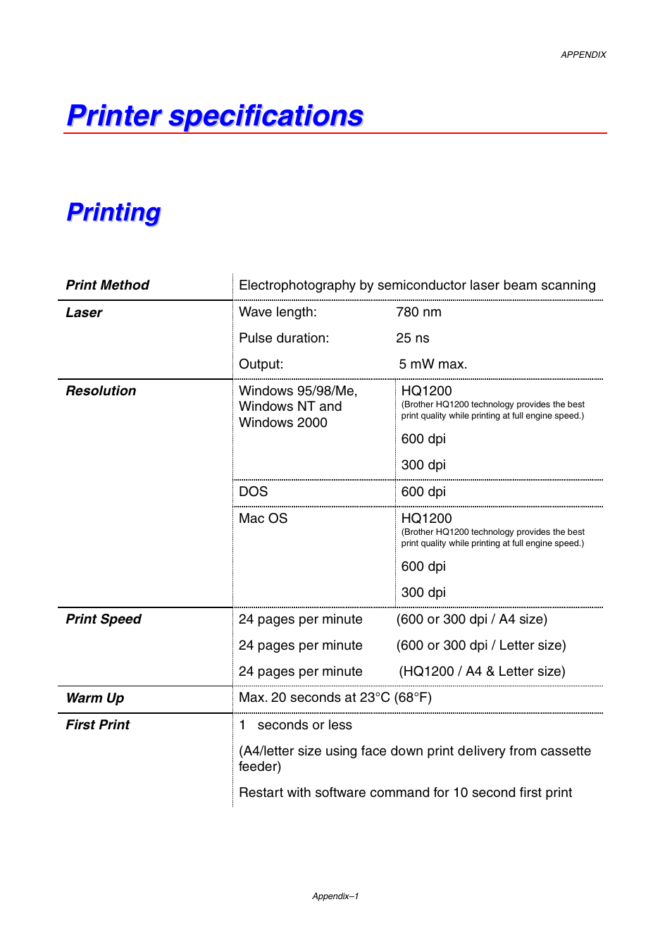 Printer specifications, Printing | Brother HL-2460 User Manual | Page 200 / 245