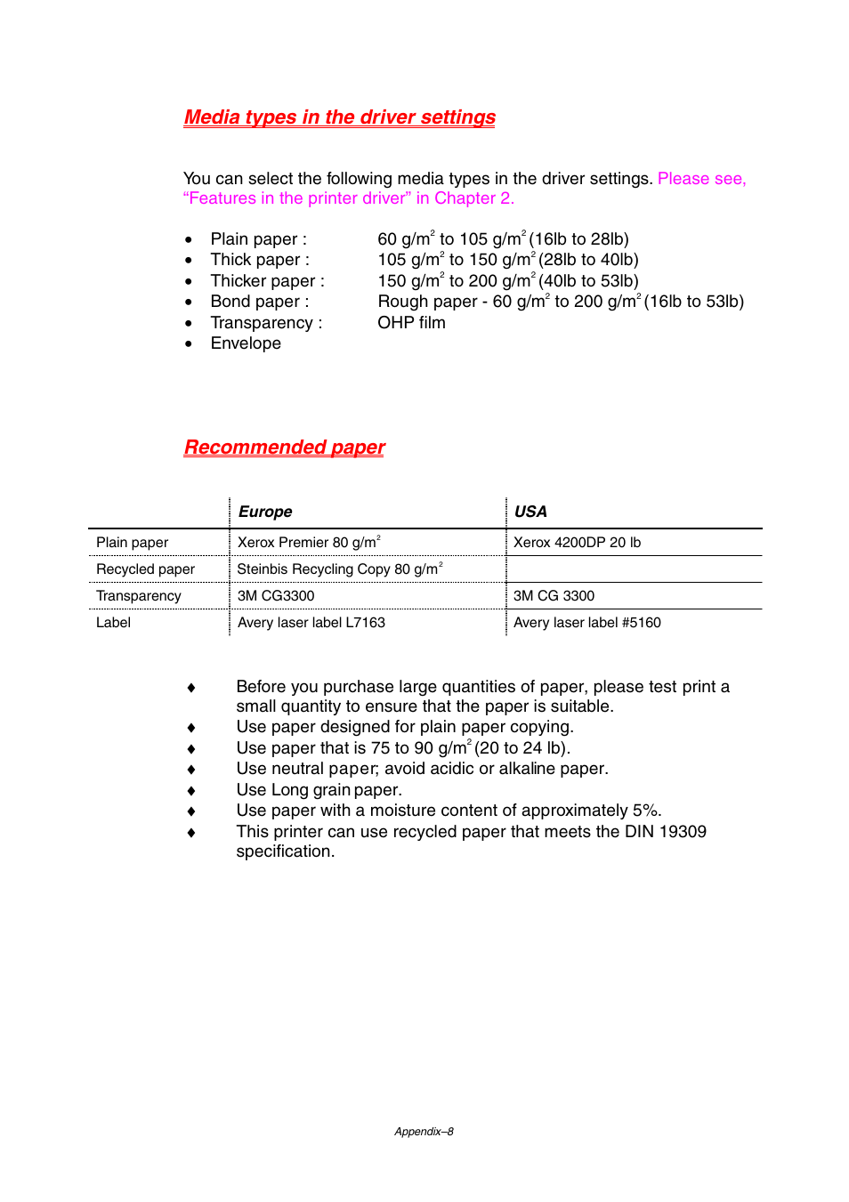 Media types in the driver settings, Recommended paper | Brother HL-2460 User Manual | Page 207 / 245