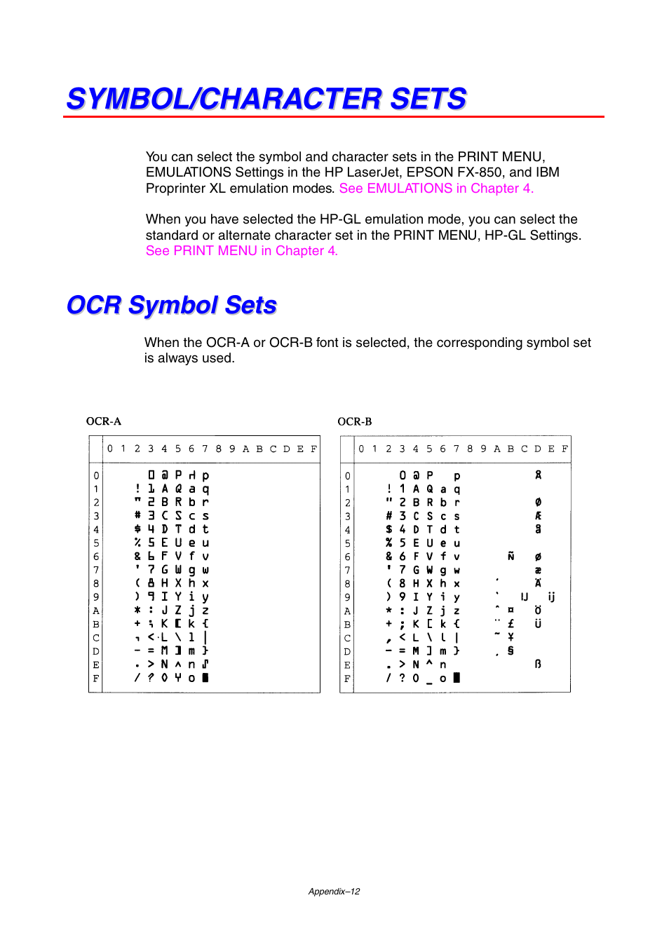 Symbol/character sets, Ocr symbol sets | Brother HL-2460 User Manual | Page 211 / 245