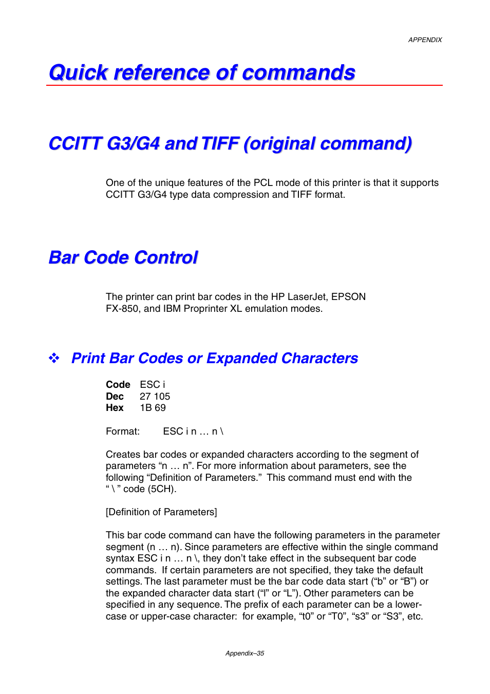 Quick reference of commands, Ccitt g3/g4 and tiff (original command), Bar code control | Brother HL-2460 User Manual | Page 234 / 245