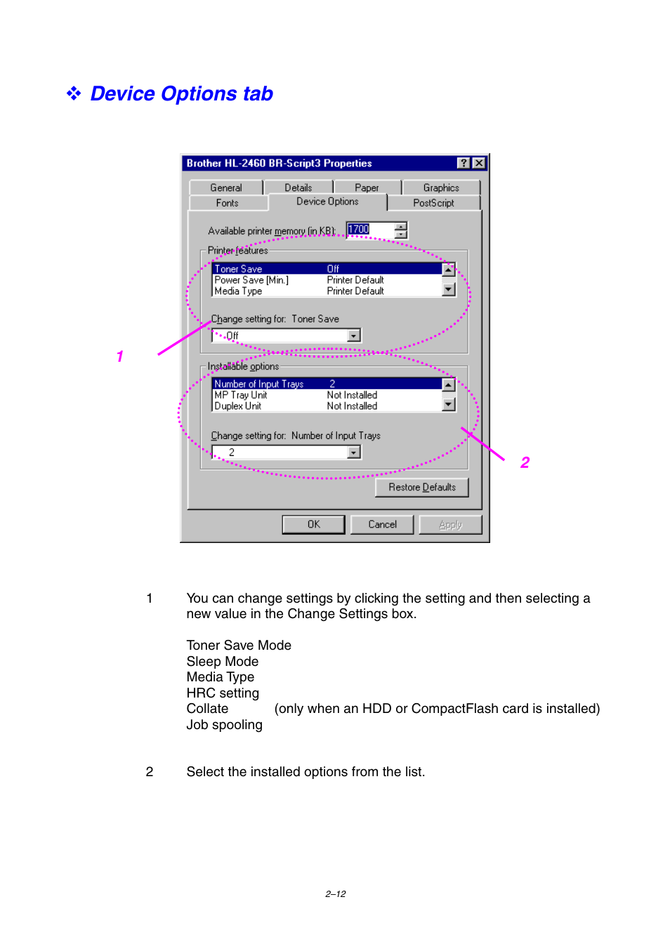 Device options tab | Brother HL-2460 User Manual | Page 72 / 245