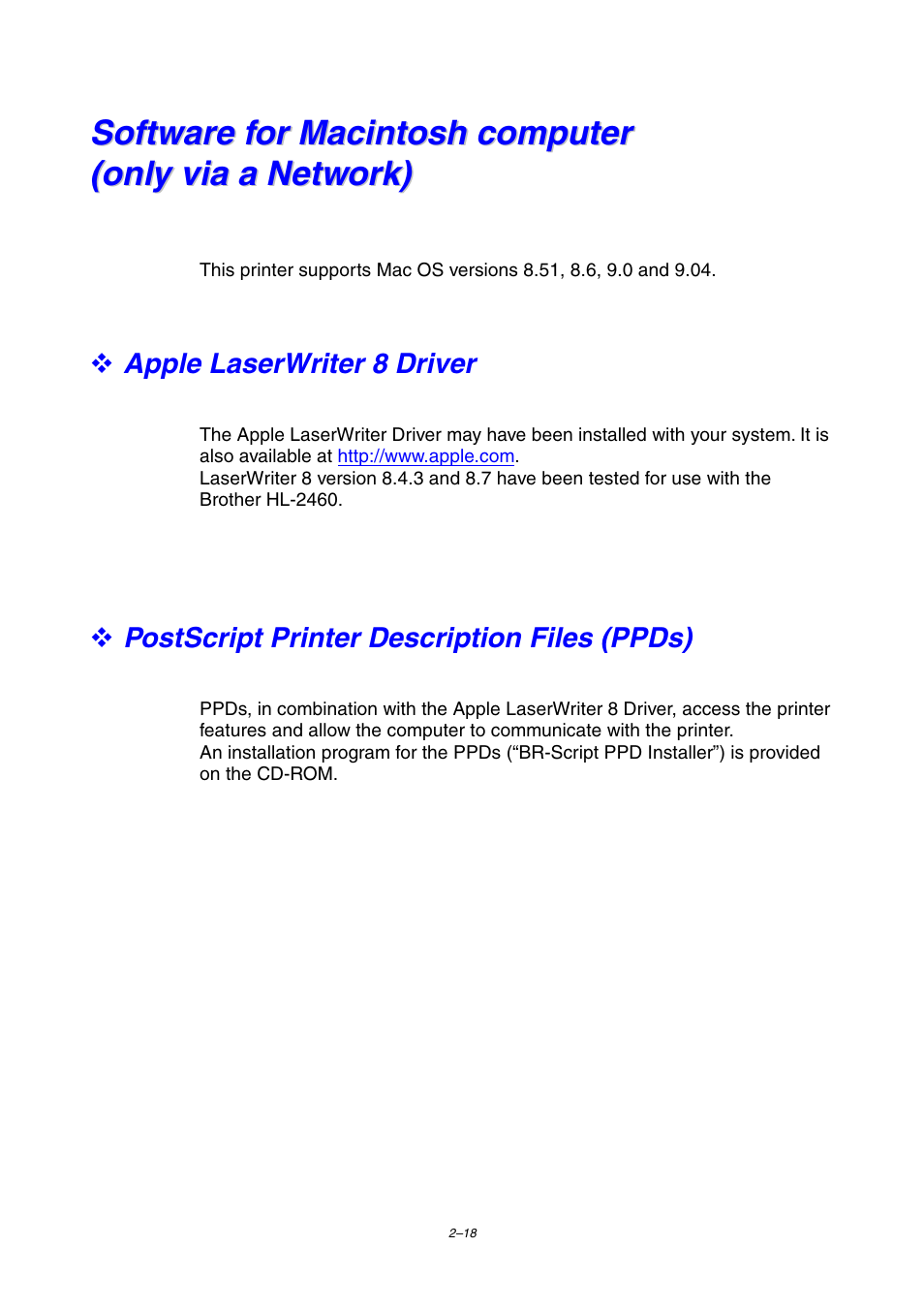 Apple laserwriter 8 driver, Postscript printer description files (ppds) | Brother HL-2460 User Manual | Page 78 / 245