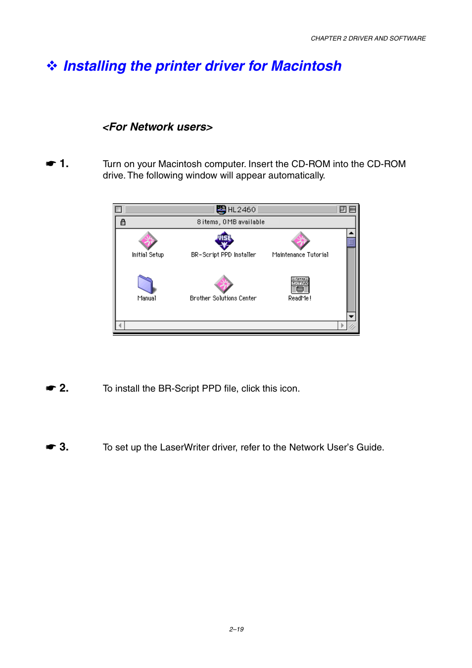 Installing the printer driver for macintosh | Brother HL-2460 User Manual | Page 79 / 245
