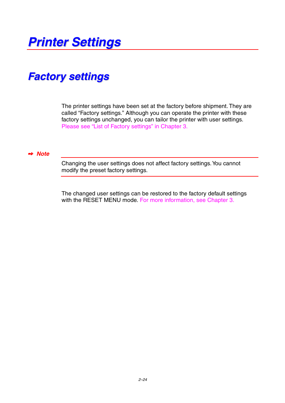 Printer settings, Factory settings | Brother HL-2460 User Manual | Page 84 / 245