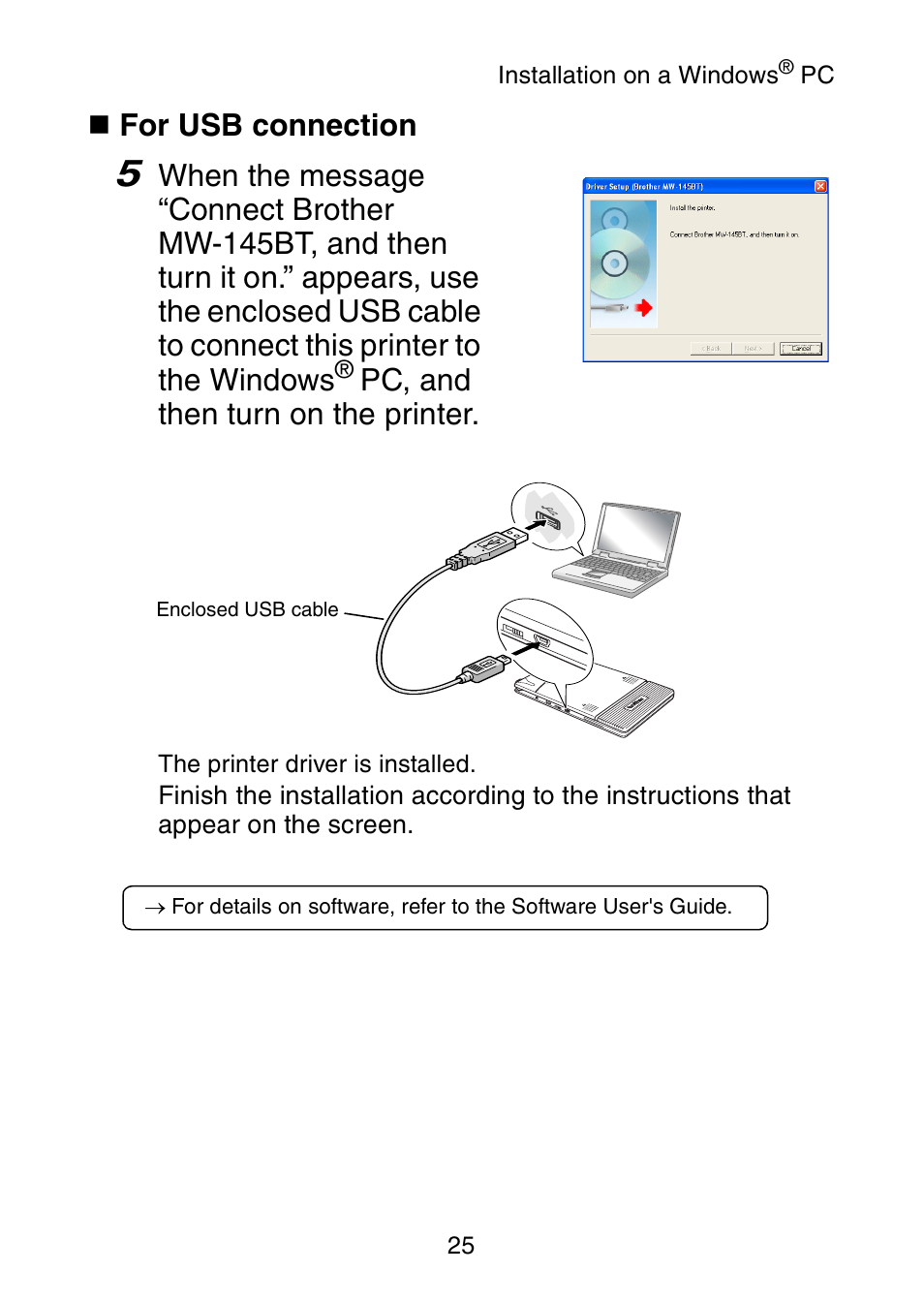 For usb connection, Pc, and then turn on the printer | Brother MW-145BT User Manual | Page 38 / 55
