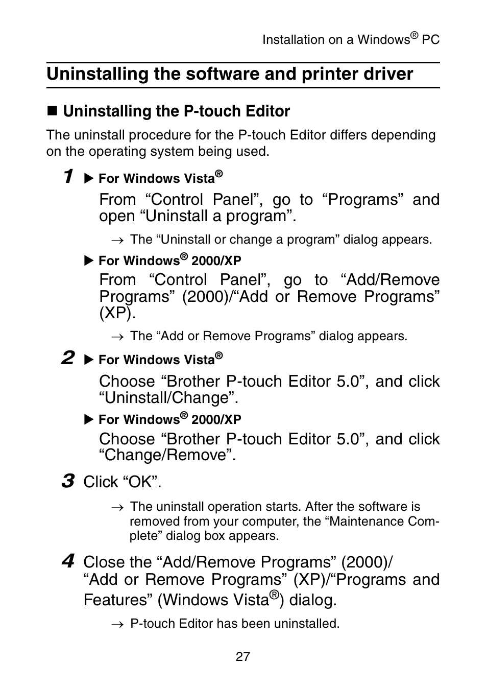 Uninstalling the software and printer driver | Brother MW-145BT User Manual | Page 40 / 55