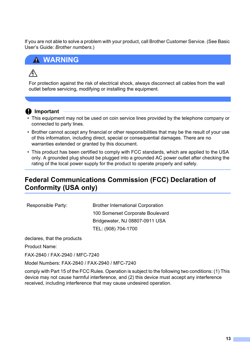 Warning, Important | Brother MFC-7240 User Manual | Page 13 / 20