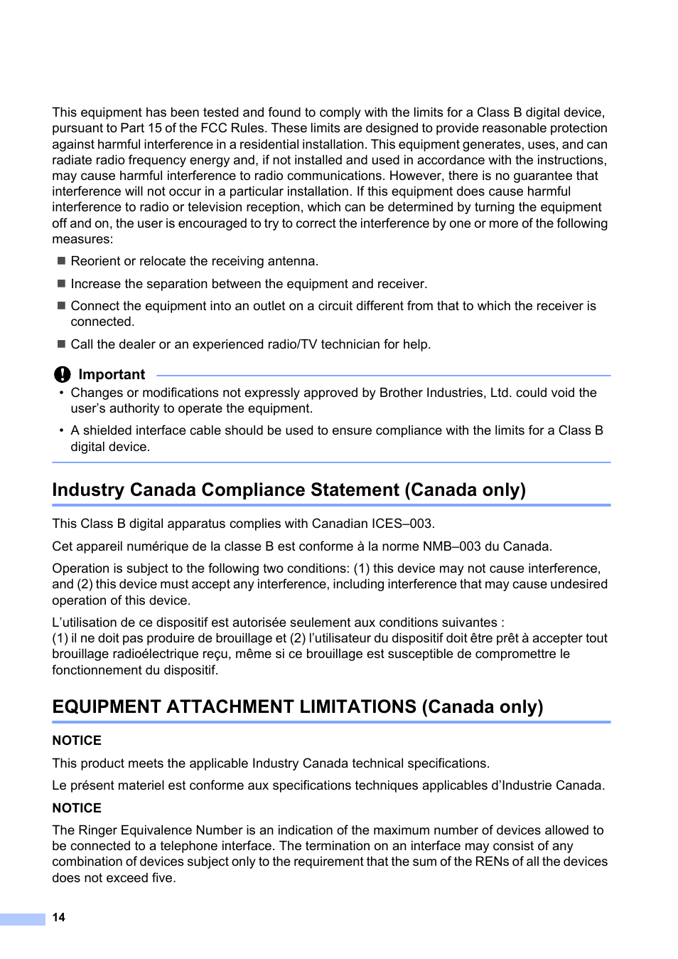 Industry canada compliance statement (canada only), Equipment attachment limitations (canada only) | Brother MFC-7240 User Manual | Page 14 / 20