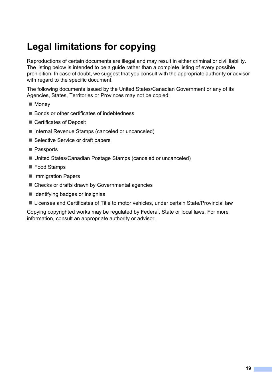 Legal limitations for copying | Brother MFC-7240 User Manual | Page 19 / 20