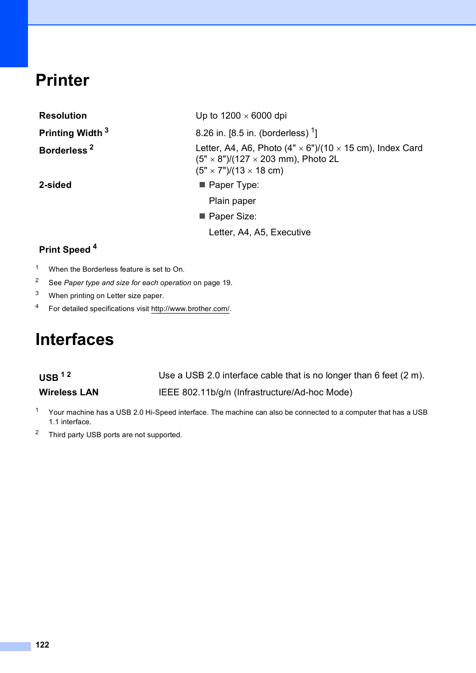 Printer, Interfaces, Printer interfaces | Brother MFC-J450DW User Manual | Page 136 / 143