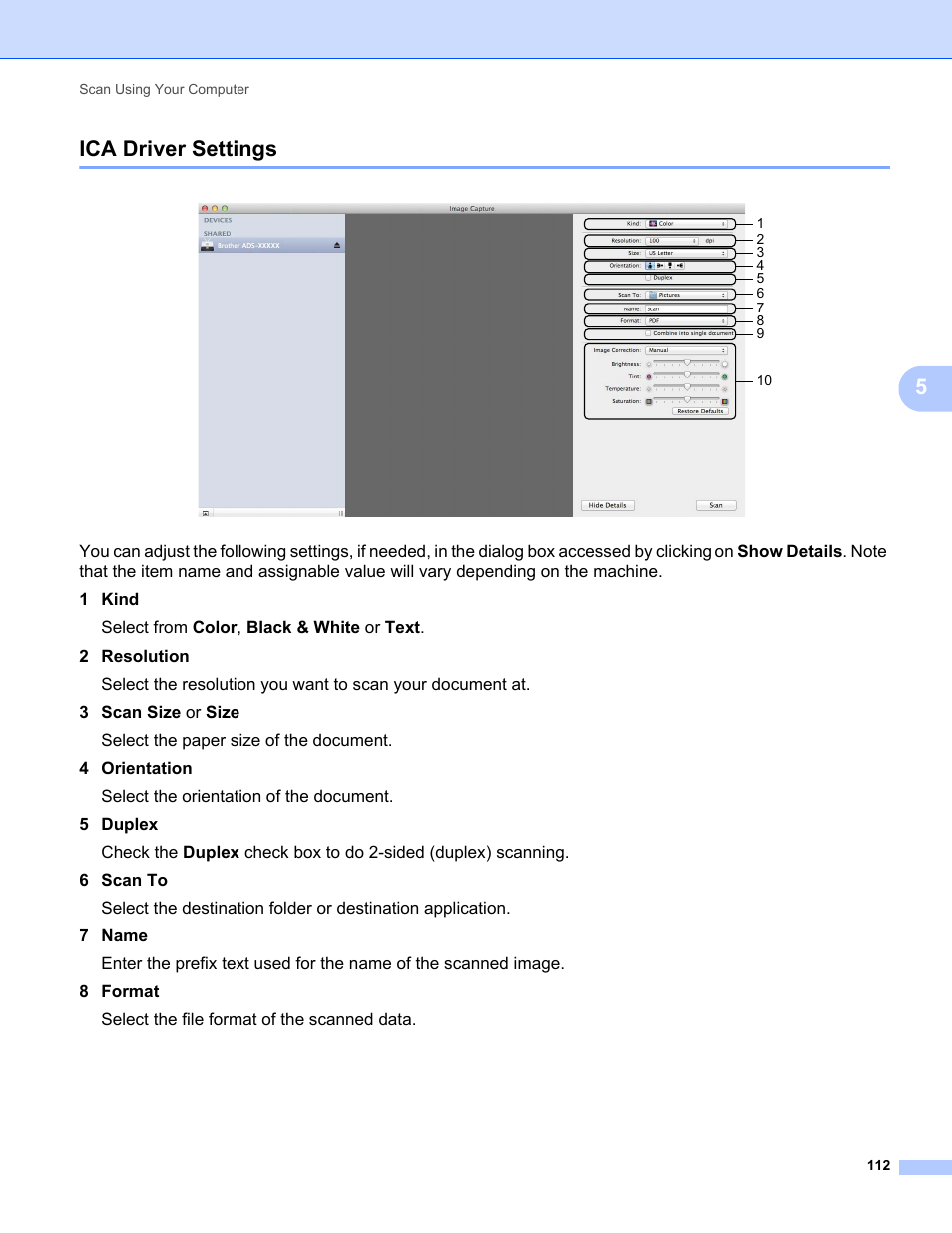 Ica driver settings, 5ica driver settings | Brother ADS-1000W User Manual | Page 126 / 246