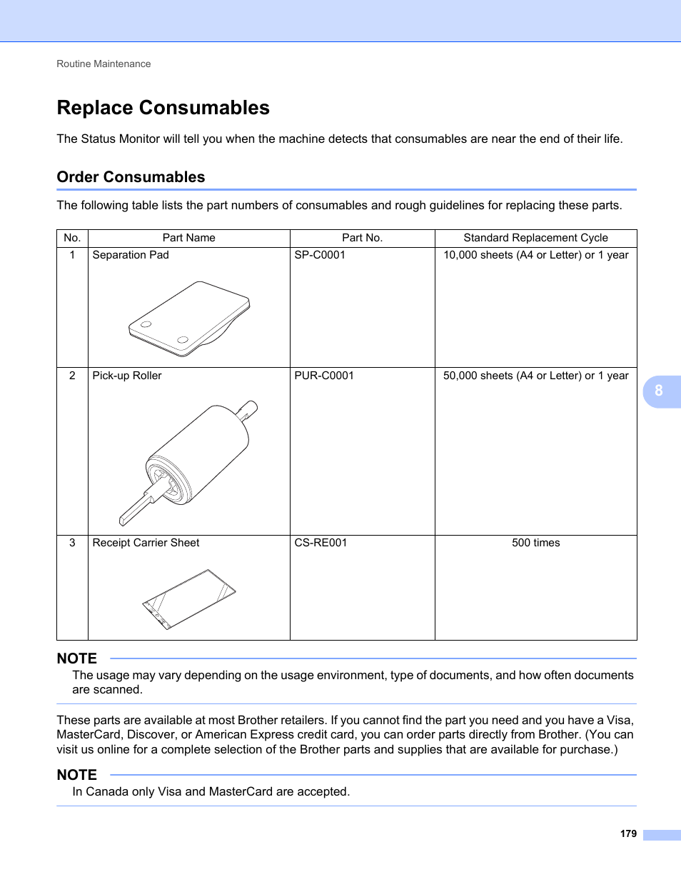 Replace consumables, Order consumables | Brother ADS-1000W User Manual | Page 193 / 246
