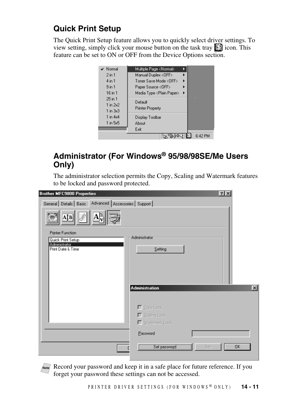Quick print setup, Quick print setup -11 administrator, For windows | 95/98/98se/me users only) -11, Administrator (for windows | Brother MFC-9800 User Manual | Page 121 / 232