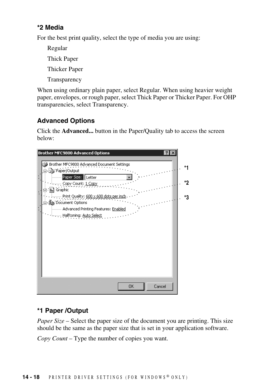 2 media, Advanced options, 1 paper /output | Brother MFC-9800 User Manual | Page 128 / 232