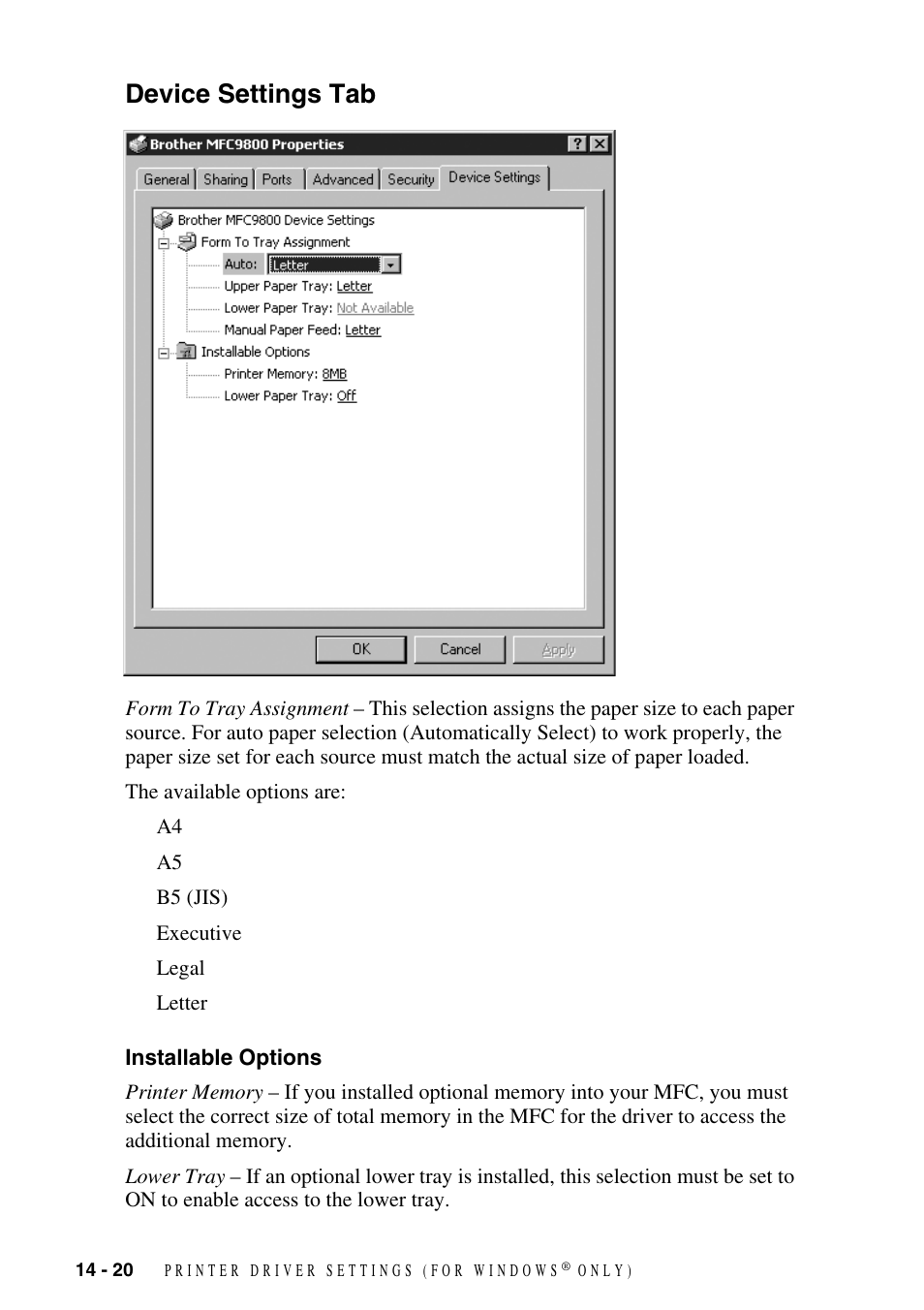 Device settings tab, Installable options, Device settings tab -20 | Installable options -20 | Brother MFC-9800 User Manual | Page 130 / 232