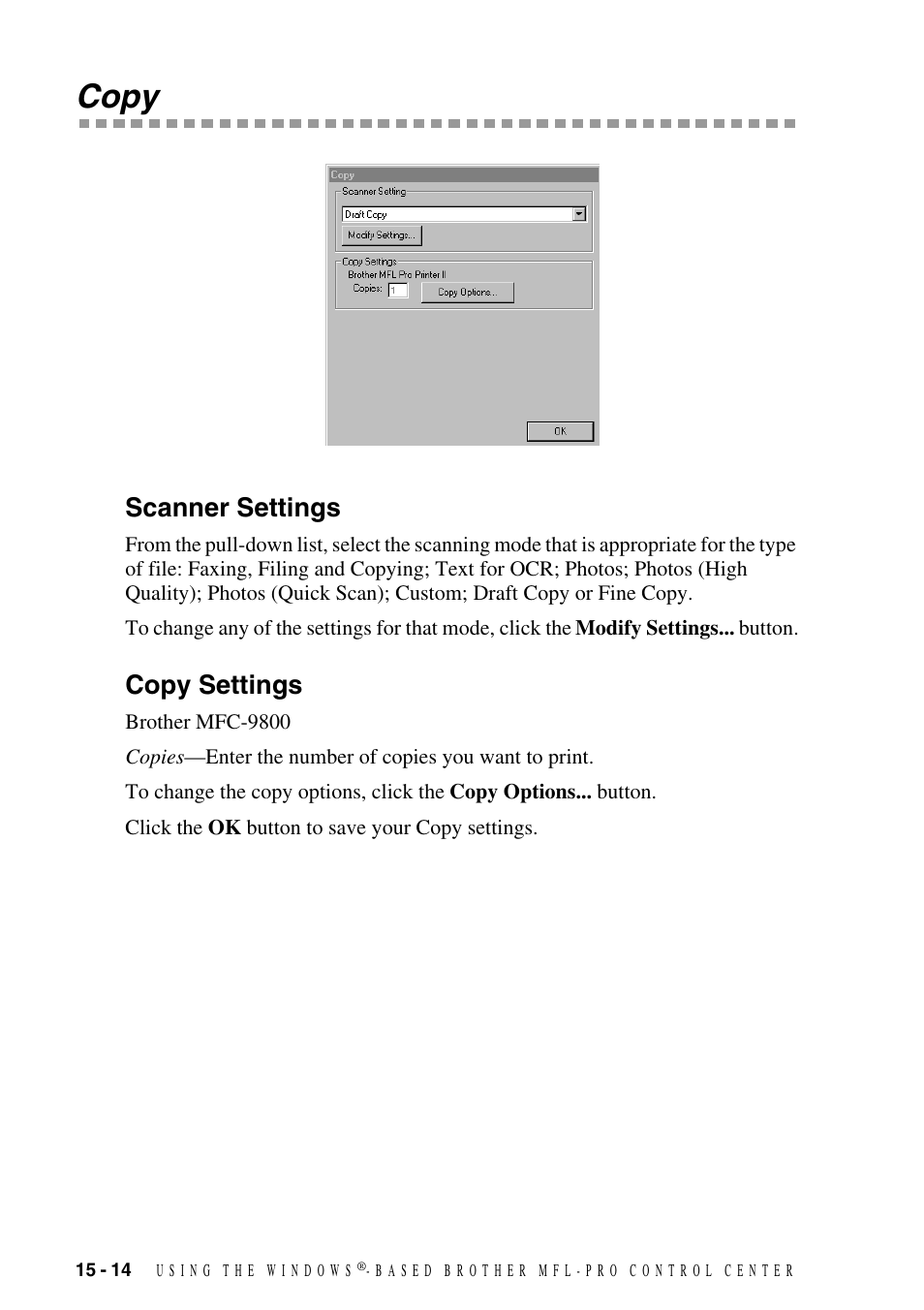 Copy, Scanner settings, Copy settings | Copy -14, Scanner settings -14 copy settings -14 | Brother MFC-9800 User Manual | Page 144 / 232