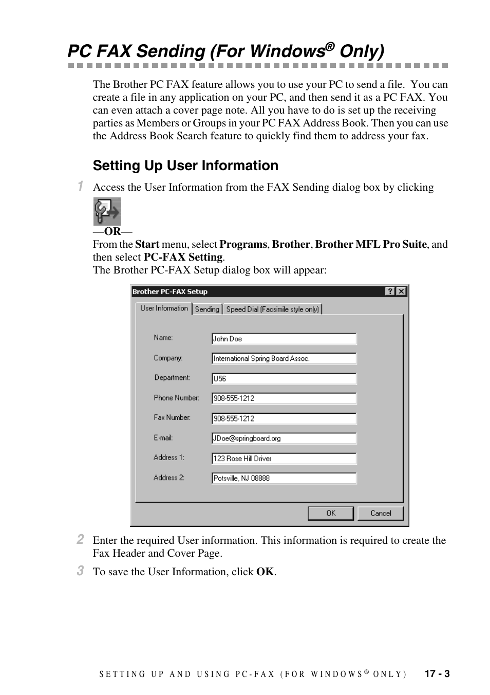 Pc fax sending (for windows® only), Setting up user information, Pc fax sending (for windows | Only) -3, Setting up user information -3, Only), Setting up user information 1 | Brother MFC-9800 User Manual | Page 155 / 232