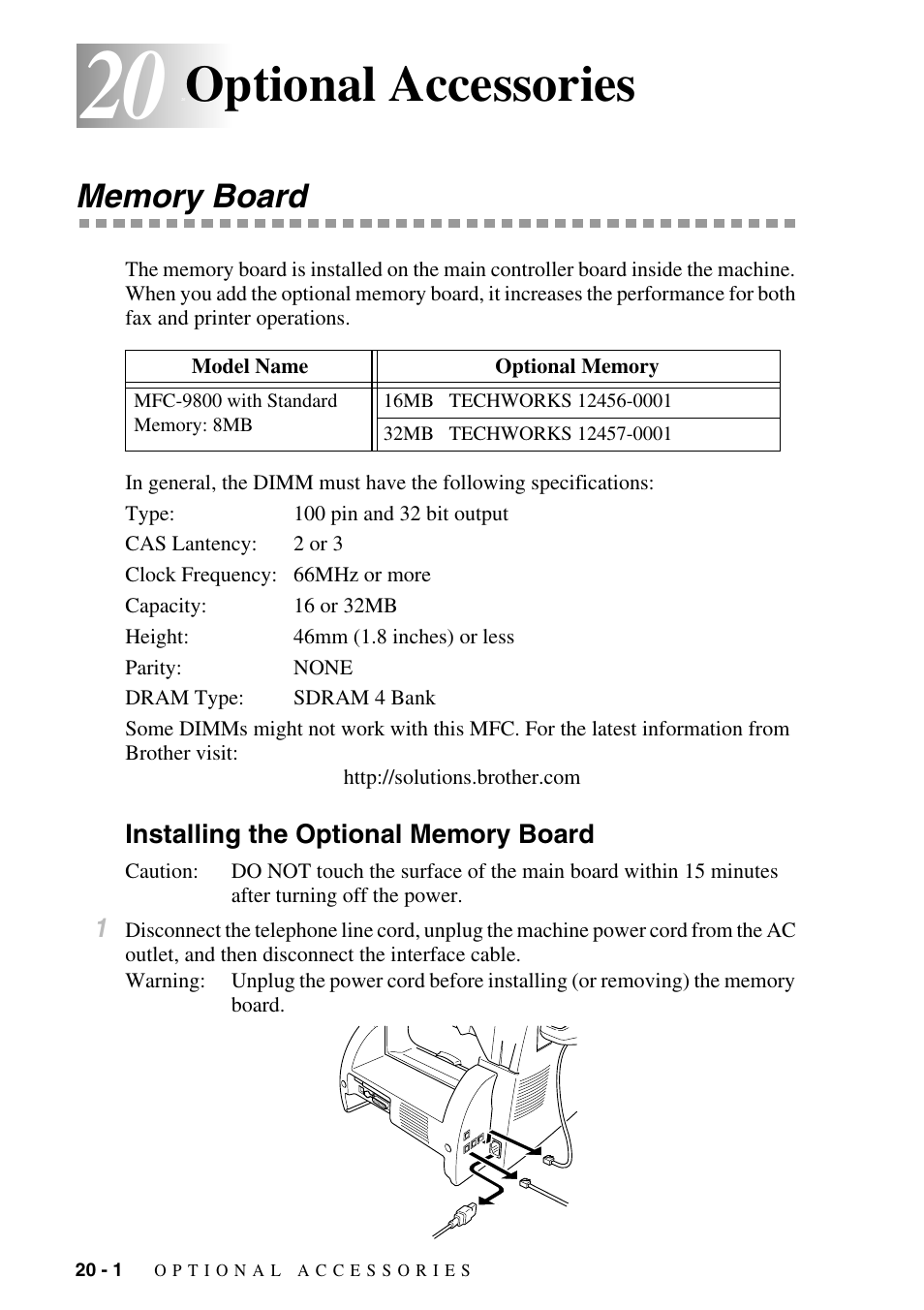 20 optional accessories, Memory board, Installing the optional memory board | Optional accessories -1, Memory board -1, Installing the optional memory board -1, Optional accessories | Brother MFC-9800 User Manual | Page 182 / 232