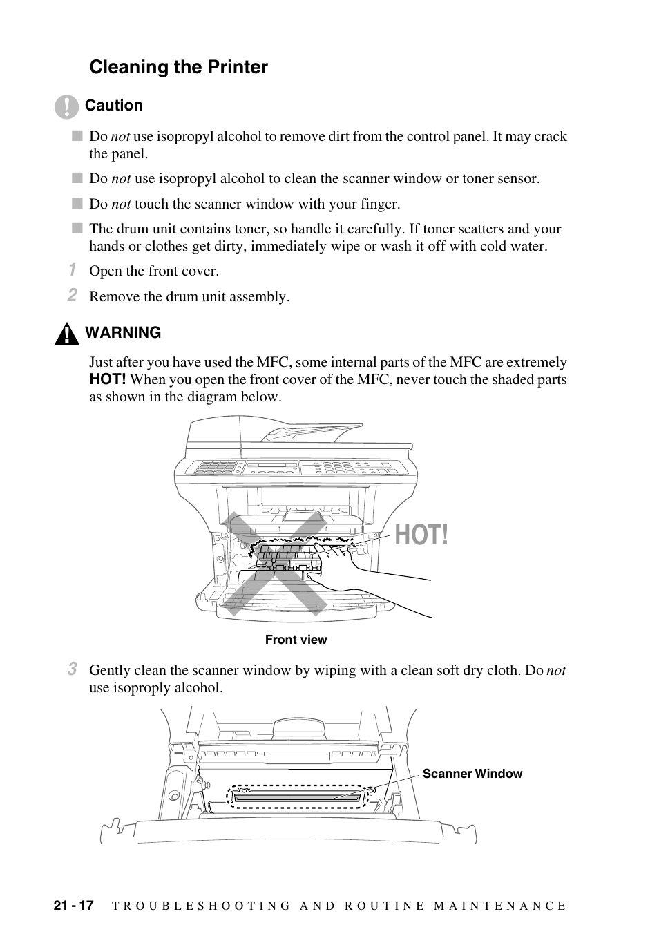 Cleaning the printer, Cleaning the printer -17 | Brother MFC-9800 User Manual | Page 202 / 232