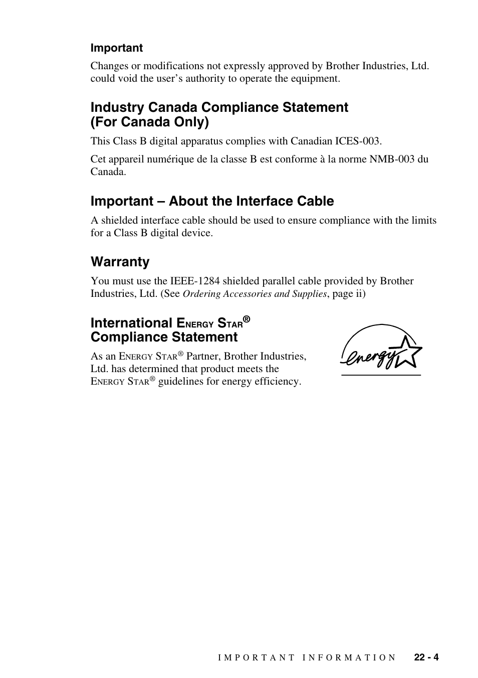 Important, Important – about the interface cable, Warranty | International energy star® compliance statement, Important -4, Industry canada compliance statement, For canada only) -4, Compliance statement -4, International e, Compliance statement | Brother MFC-9800 User Manual | Page 211 / 232