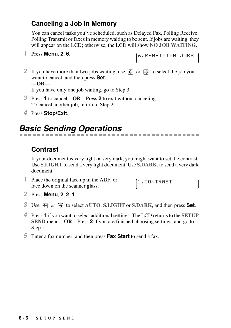 Canceling a job in memory, Basic sending operations, Contrast | Canceling a job in memory -6, Basic sending operations -6, Contrast -6 | Brother MFC-9800 User Manual | Page 66 / 232