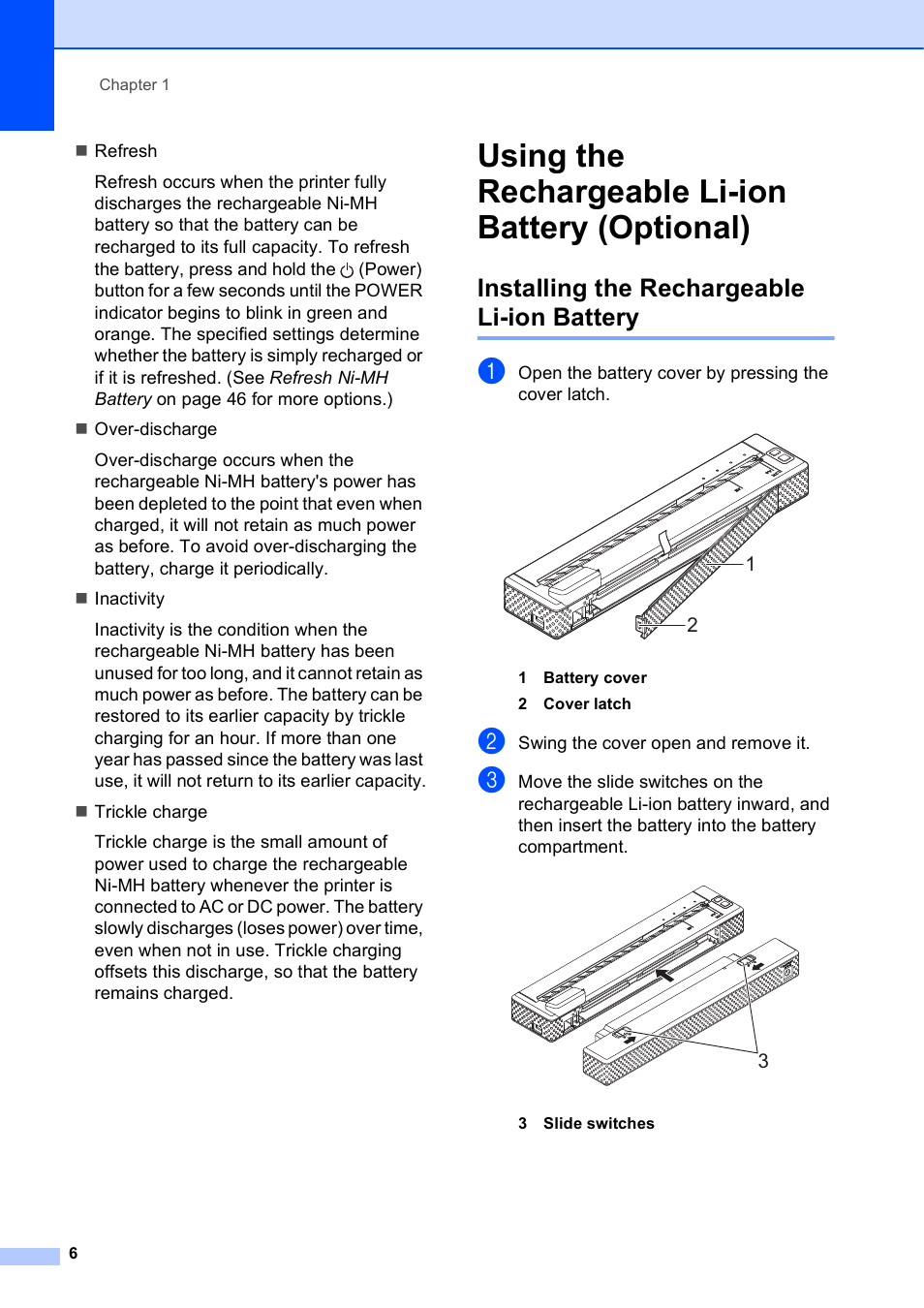 Using the rechargeable li-ion battery (optional), Installing the rechargeable li-ion battery | Brother PocketJet PJ-673 w WLAN User Manual | Page 10 / 75