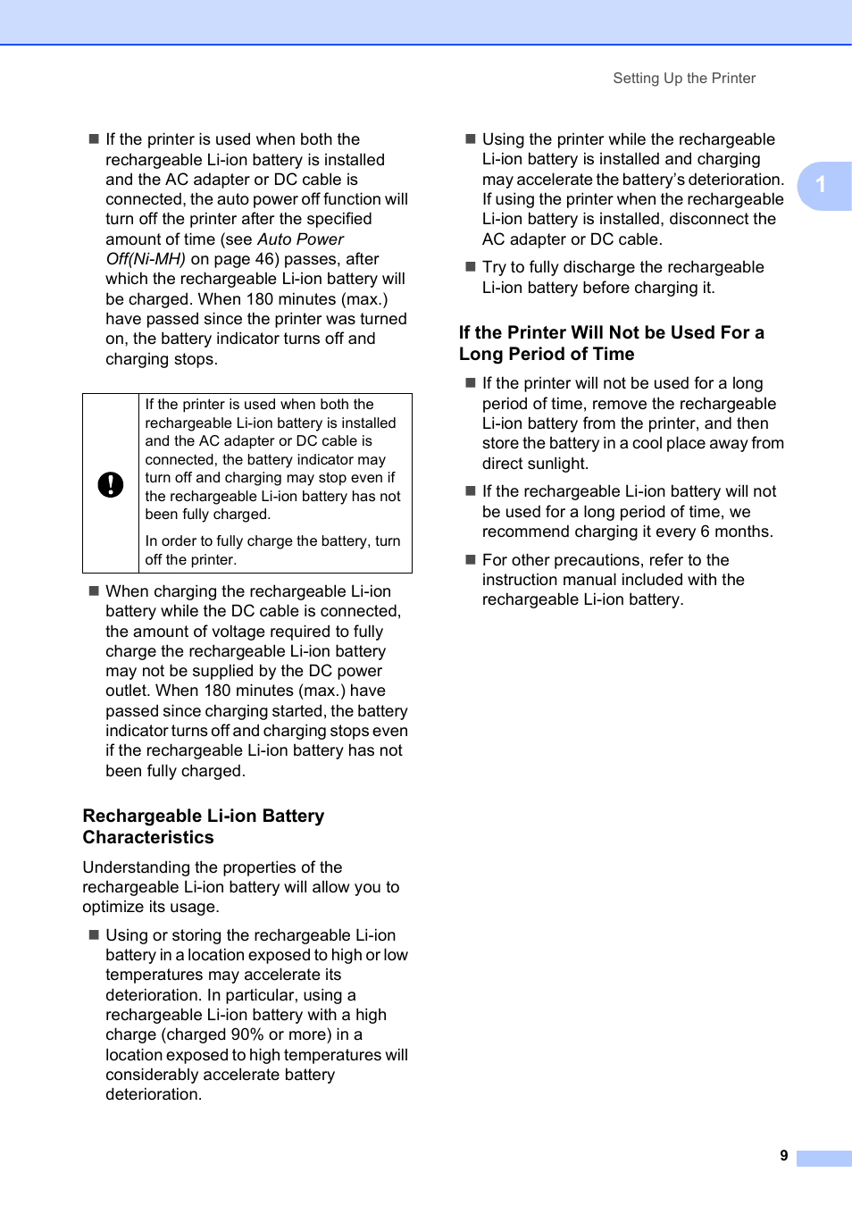 Rechargeable li-ion battery characteristics | Brother PocketJet PJ-673 w WLAN User Manual | Page 13 / 75