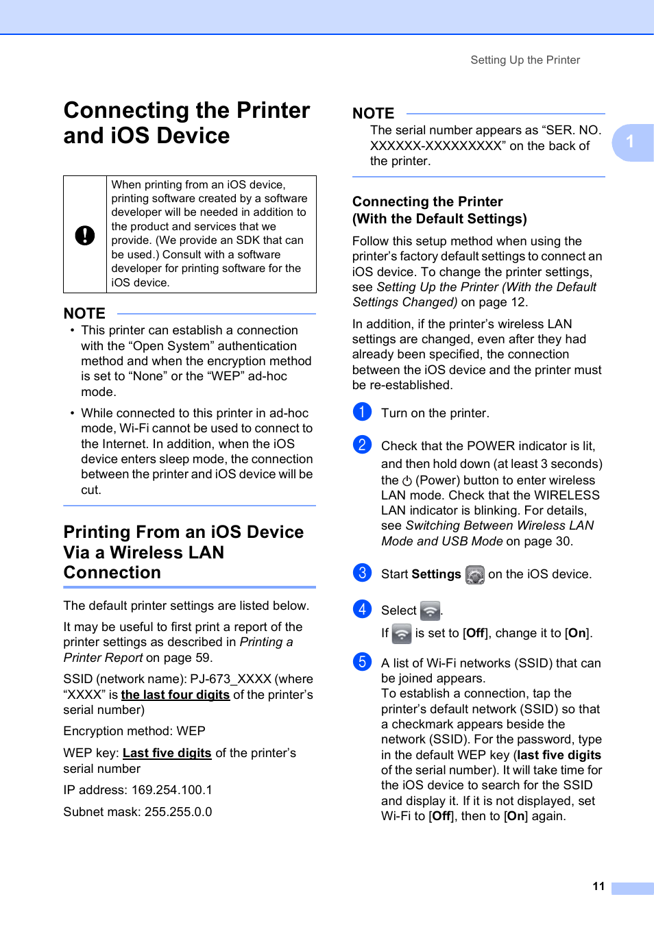 Connecting the printer and ios device, Connecting the printer (with the default settings) | Brother PocketJet PJ-673 w WLAN User Manual | Page 15 / 75