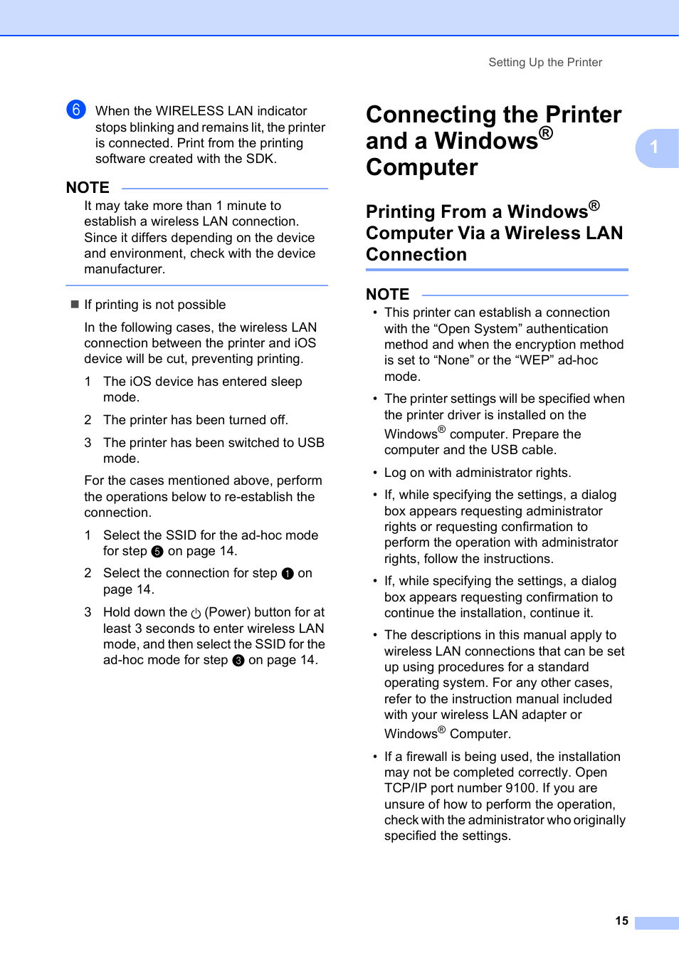 Connecting the printer and a windows® computer, Connecting the printer and a windows, Computer | Printing from a windows, Computer via a wireless lan connection | Brother PocketJet PJ-673 w WLAN User Manual | Page 19 / 75