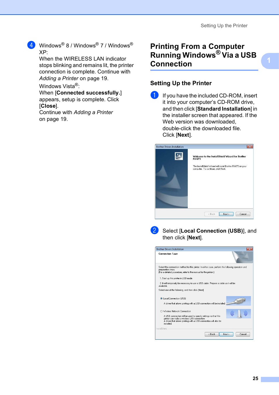 Setting up the printer, Printing from a computer running windows, Via a usb connection | Brother PocketJet PJ-673 w WLAN User Manual | Page 29 / 75